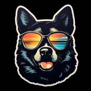 Waterdichte vinylsticker Akita-hond met zonnebril op het strand, zwarte vacht of zwart/bruine vacht