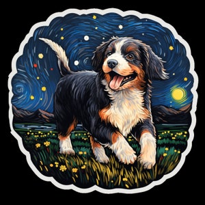 Waterdichte sticker Berner sennenhond rent door een prachtig veld onder de sterrenhemel v3 waterdicht