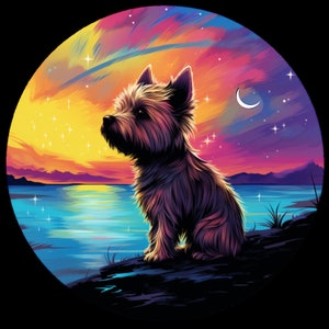 Wasserfester Vinyl Aufkleber Yorkshire Terrier Hund am Seeufer unter dem Wunderschönen AurorBorealis Nachthimmel stehend