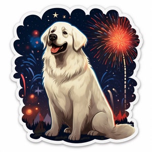 Waterdichte vinylsticker Grote Pyreneeën hond kijken 4 juli vuurwerk van Beautiful Field v3