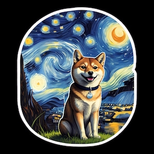 Waterproof Sticker Shiba Inu Dog in The Starry Night - Vincent Van Gogh Inspired Artwork - Oil Painting -