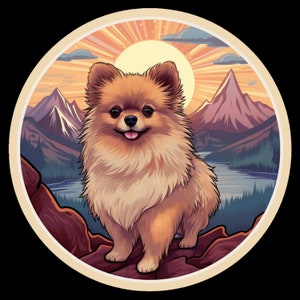 Waterdichte vinylsticker Pommerse hond wandelt rond prachtig bergmeer bij zonsopgang