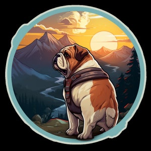 Waterproof Vinyl Sticker Bulldog Hiking Around Beautiful Mountains at Sunrise