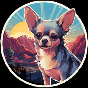 Wasserdichter Vinyl-Aufkleber Chihuahua Hund beim Sonnenaufgang im wunderschönen Grand Canyon beim Wandern in der Wüste