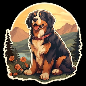 Waterdichte sticker Berner Sennenhond in prachtig veld tijdens Golden Hour Before Sunrise v2 waterdicht