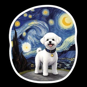 Waterdichte vinylsticker Bichon Frisé-hond in sterrenhemel - Op Van Gogh geïnspireerd kunstwerk - olieverfschilderij - - versie 3