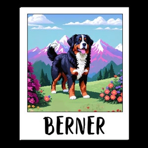 Vinylsticker Berner sennenhond lage resolutie pixelart polaroid staand in prachtig berglandschap retro lage resolutie lage resolutie waterdicht