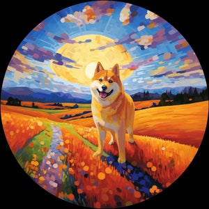 Waterdichte vinylsticker Akita Inu-hond gaat wandelen in de herfst tijdens een herfstzonsopgang Versie 3 - ,