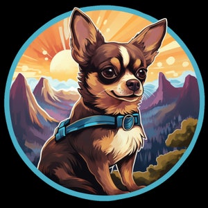 Wasserdichter Aufkleber Chihuahua-Hund, der in schönen Bergen bei Sonnenaufgang wandert