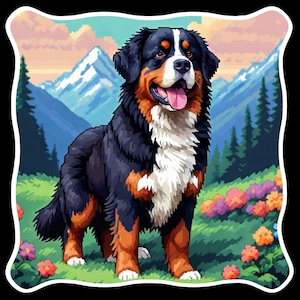 Vinylsticker Berner sennenhond lage resolutie pixelart staand in prachtige bergachtige omgeving retro lage definitie lage resolutie waterdicht 3