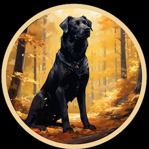 Waterdichte vinylsticker Black Lab Labrador Retriever Dog in Beautiful Fall Forest Waterdicht