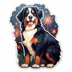 Waterdichte vinylsticker Berner Sennenhond kijkt naar vuurwerk op 4 juli in Beautiful Field v3 waterdicht