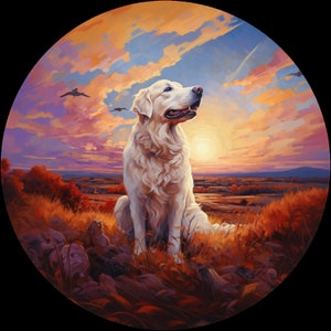 Wasserdichter Vinyl-Aufkleber Pyrenäen-Hund beim Herbst-Sonnenaufgang beim Wandern durch die Berge