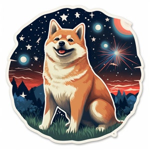 Waterdichte vinylsticker Akita Dog Watching 4 juli vuurwerk van Beautiful Field