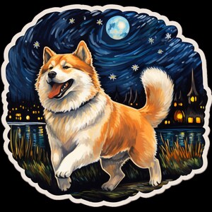 Waterdichte vinylsticker Akita-hond rent door een prachtig veld onder de sterrenhemel v2 - Geïnspireerd door Van Gogh