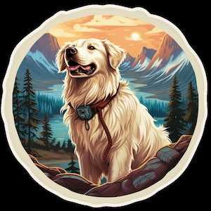 Wasserdichter Vinyl-Sticker Pyrenäen-Hund beim Sonnenaufgang v2
