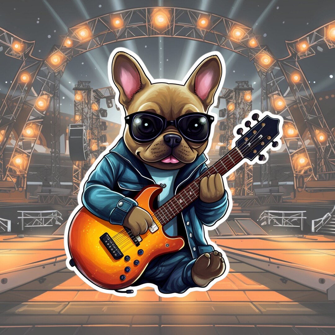 Vinyl Sticker Rockstar French Bulldog , Rockin Guitar in Leather Jacket ...