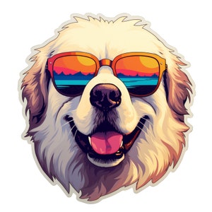 Sticker vinyle imperméable Chien des Pyrénées portant des lunettes de soleil au bord du lac - Plusieurs options disponibles, y compris holographique ! Imperméable