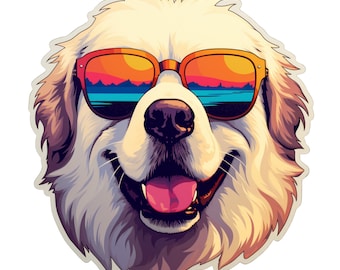 Vinyl Sticker Great Pyrenees Dog Wearing Sunglasses at the Lake - Several Options Available, Including Holographic! Waterproof