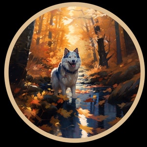 Waterdichte vinylsticker Akita Dog in Beautiful Fall Forest v3 Waterproof