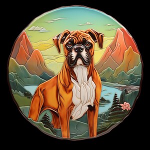 Wasserdichte Vinyl Aufkleber Boxer Hund Wandern in Wunderschönen Berglandschaft - 3D Keramik Kunstwerk - v2