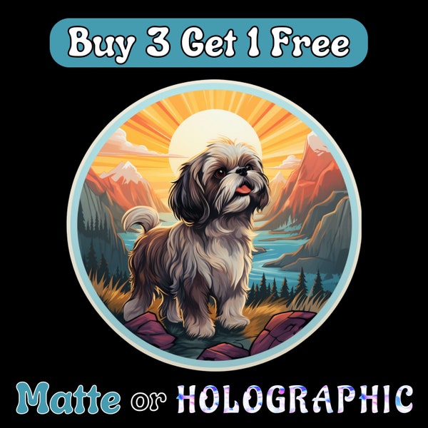 Shih Tzu Hiking Through Beautiful Mountain Forest at Sunrise v3 - Vinyl Sticker