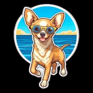 Sticker  Chihuahua Dog Chillin’ on an Ocean Beach, Wearing Sunglasses Version 5