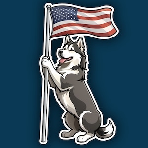 Waterproof Sticker Alaskan Malamute Dog Holding an American Flag - 4th of July America Patriotic Stars & Stripes -