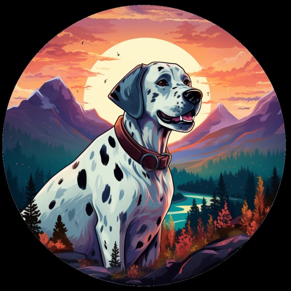 Vinyl Sticker    Dalmatian Dog Hiking Through Beautiful Mountains at Sunset  Waterproof