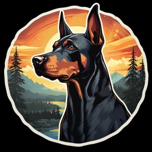 Waterdichte vinylsticker Dobermann-pinscher die door prachtige bergen wandelt, waterdicht
