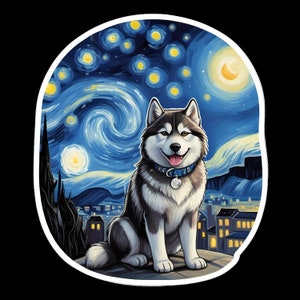 Waterproof Sticker Alaskan Malamute in The Starry Night  - Vincent Van Gogh Inspired Artwork -  Oil Painting