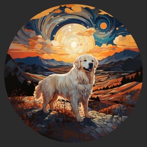 Waterdichte vinylsticker Grote Pyreneeënhond steigerend in de bergen bij prachtige zonsopgang, inspirerende vrolijke, positieve stijl