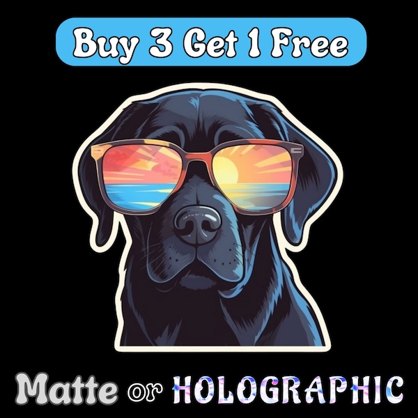 Black Lab Vinyl Sticker - Labrador Retriever Dog Wearing Sunglasses - New Holographic Option Available! Waterproof Decal