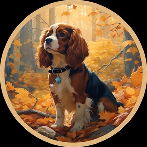 Adesivo in vinile impermeabile Cavalier King Charles Spaniel Cane in splendida foresta autunnale Impermeabile