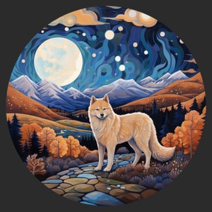 Waterdichte vinylsticker Akita-hond wandelen in de bergen onder de nachtelijke hemel en heldere maan, Happy Positive V4