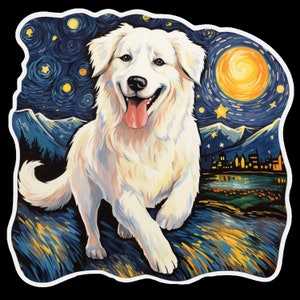 Waterdichte vinylsticker Grote Pyreneeënhond rent door een prachtig veld onder de sterrenhemel - Geïnspireerd door Vincent van Gogh