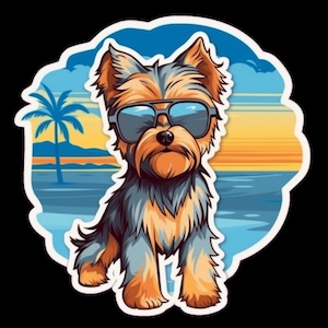Waterproof Vinyl Sticker Yorkshire Terrier Dog Chillin’ on an Ocean Beach, Wearing Sunglasses Version 1