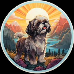 Wasserdichter Vinyl-Aufkleber Shih Tzu, der beim Sonnenaufgang durch einen wunderschönen Bergwald wandert v3