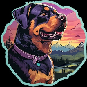 Autocollant imperméable en vinyle pour chien rottweiler faisant une randonnée dans une belle forêt de montagne au lever du soleil