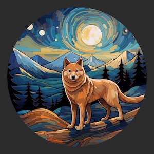 Waterdichte vinylsticker Akita-hond wandelen in de bergen onder de nachtelijke hemel en heldere maan, Happy Positive V2
