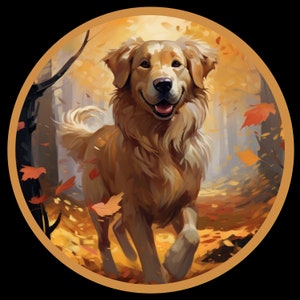 Adesivo in vinile impermeabile Golden Labrador Retriever nella splendida foresta autunnale impermeabile