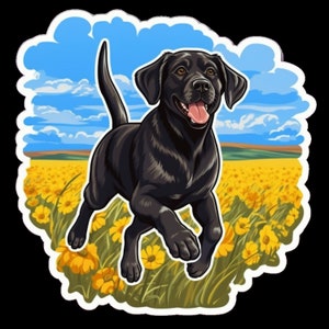 Waterdichte vinylsticker Black Lab labrador retriever die door een prachtig veld loopt