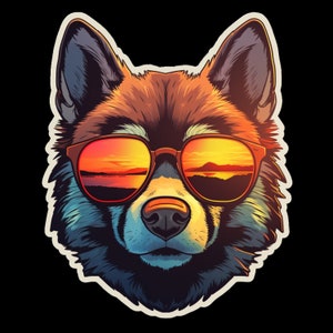 Waterdichte vinylsticker Akita-hond draagt zonnebril op het strand, bruine vacht waterdicht