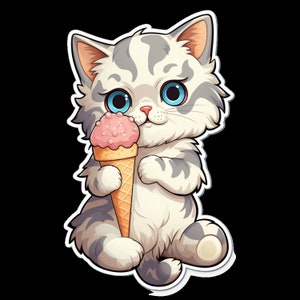 Waterproof Sticker Cute Kitten Eating an Ice Cream Cone  Waterproof