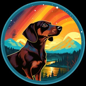 Waterproof Vinyl Sticker Dachshund Weiner Dog Hiking Through Beautiful Mountains under AurorBorealis