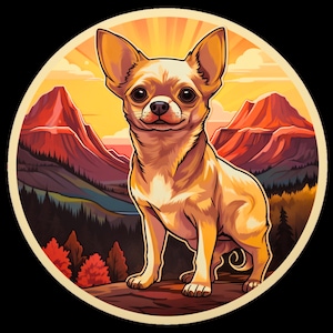 Wasserdichter Vinyl-Aufkleber Chihuahua Hund beim Wandern in der wunderschönen Berglandschaft