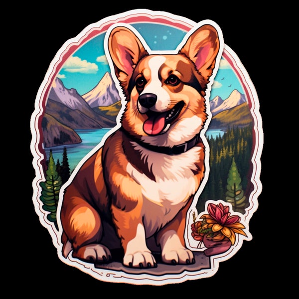 Vinyl Sticker    Corgi Dog Hiking in Beautiful Mountain Setting  Waterproof