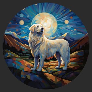 Autocollant imperméable en vinyle, chien des Grandes Pyrénées cabré dans les montagnes sous la pleine lune dans le ciel nocturne, style positif heureux, version 4