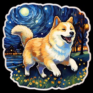 Waterdichte sticker Akita-hond rent door een prachtig veld onder de sterrenhemel v3 - Geïnspireerd door Van Gogh