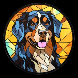 Transparante vinylsticker Berner Sennenhond als prachtig glas-in-loodraam